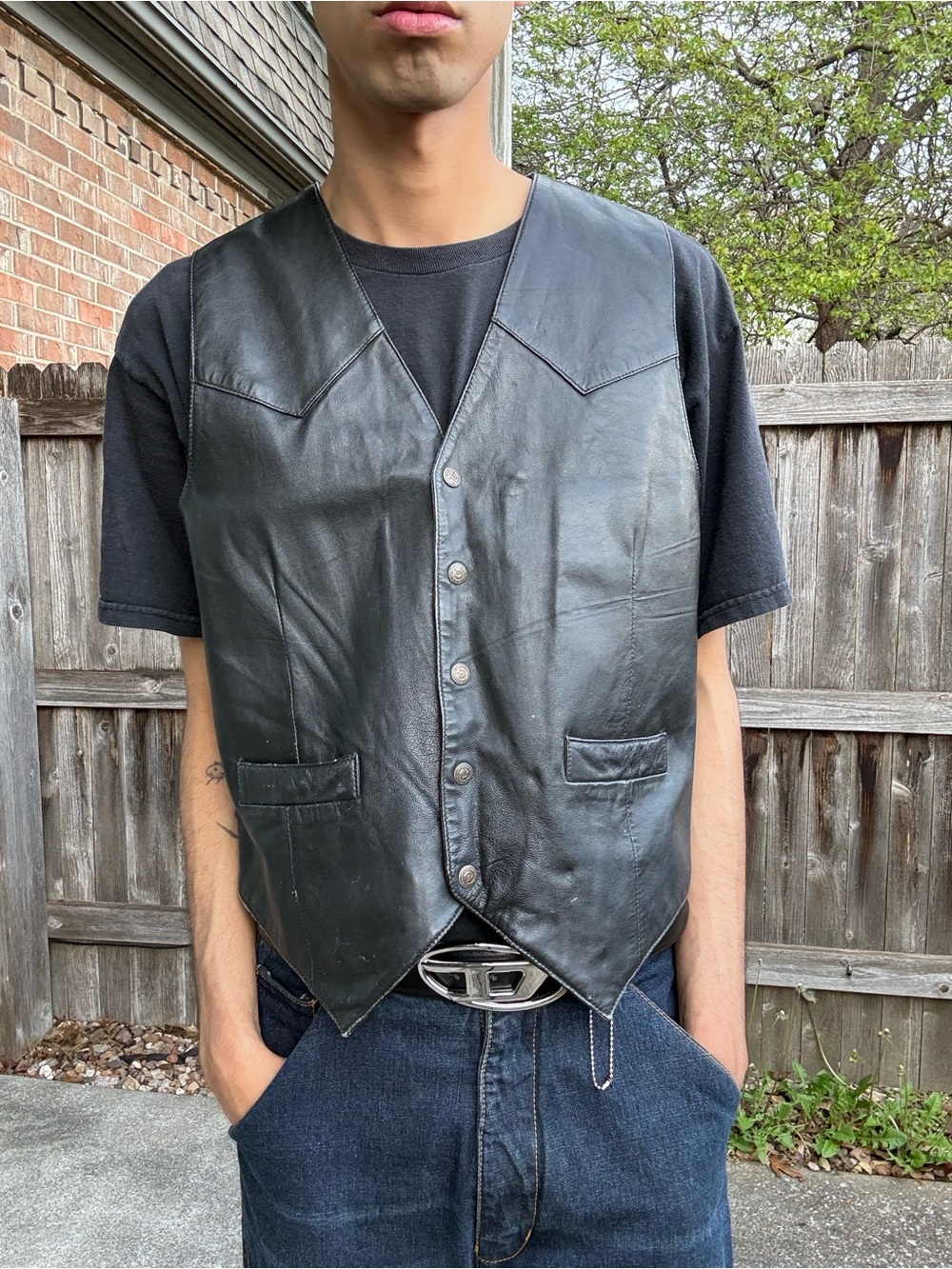 Vintage Saguaro West Western Biker Black Leather Lightweight Vest